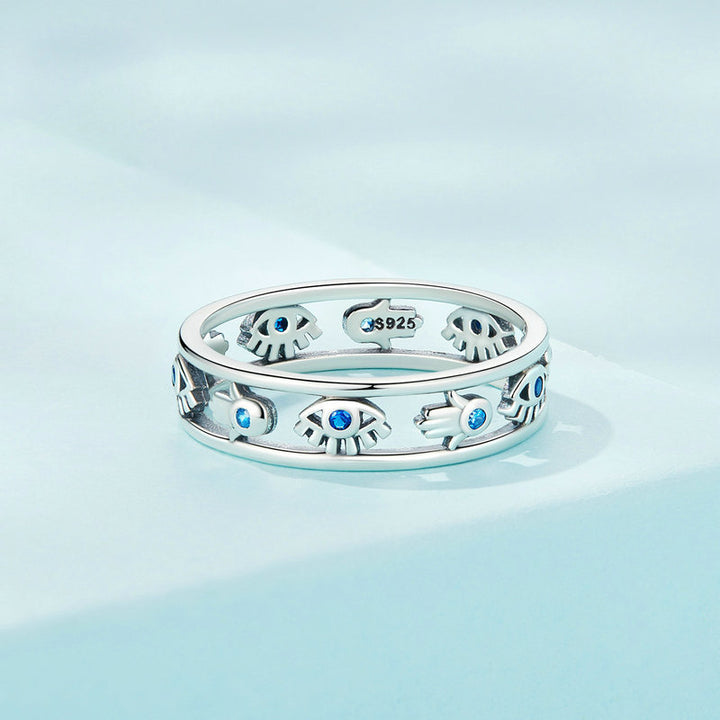 Anillo de plata de ley S925 con ojo turco y hamsa de Olivenorma