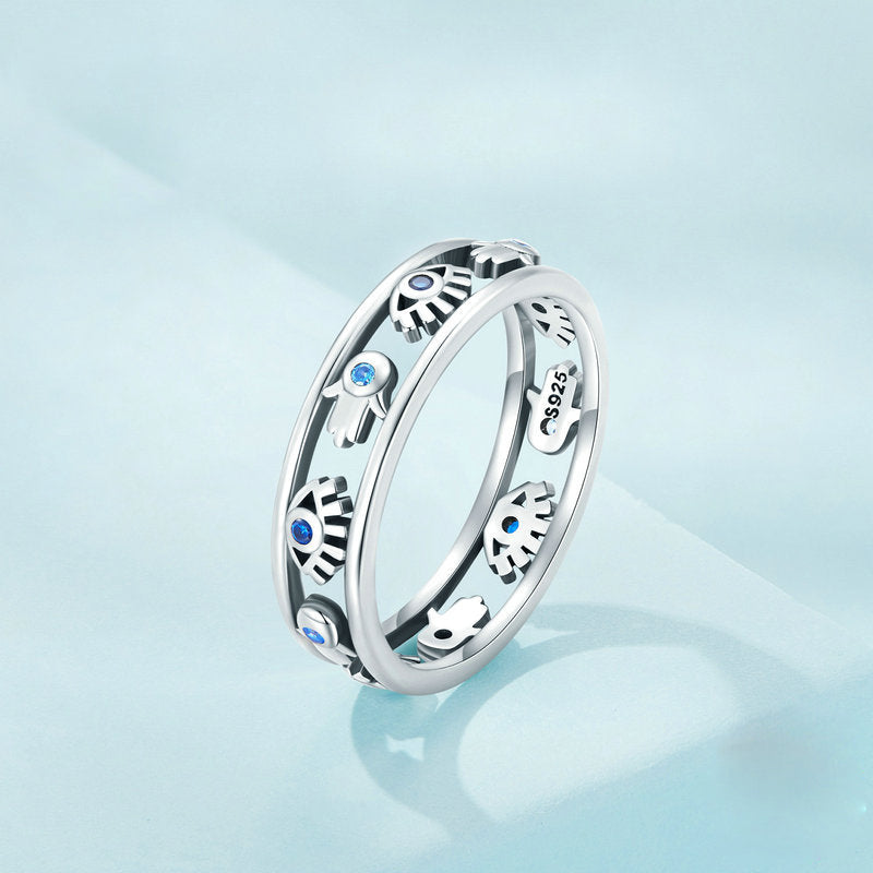 Anillo de plata de ley S925 con ojo turco y hamsa de Olivenorma