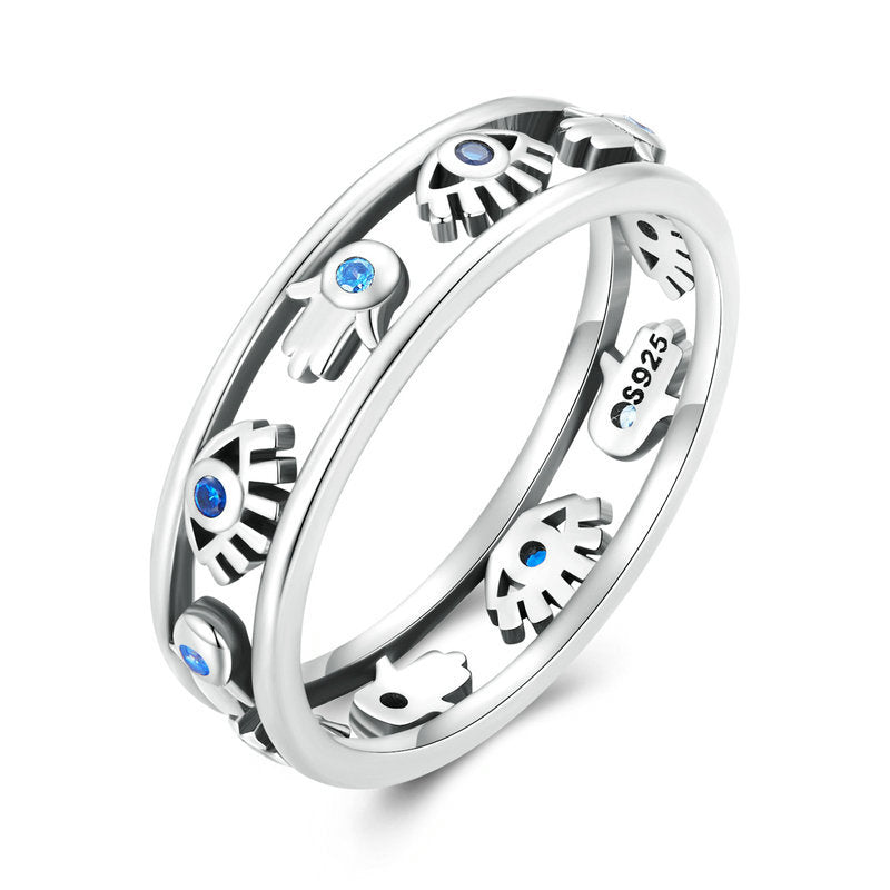 Anillo de plata de ley S925 con ojo turco y hamsa de Olivenorma
