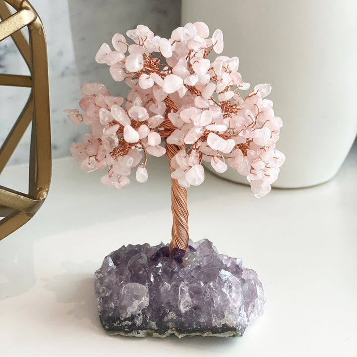 Árbol de la vida de cuarzo rosa con base de amatista de Olivenorma Árbol del Feng Shui