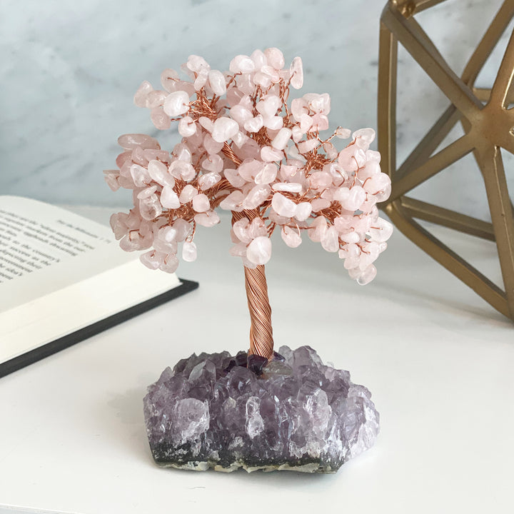 Árbol de la vida de cuarzo rosa con base de amatista de Olivenorma Árbol del Feng Shui