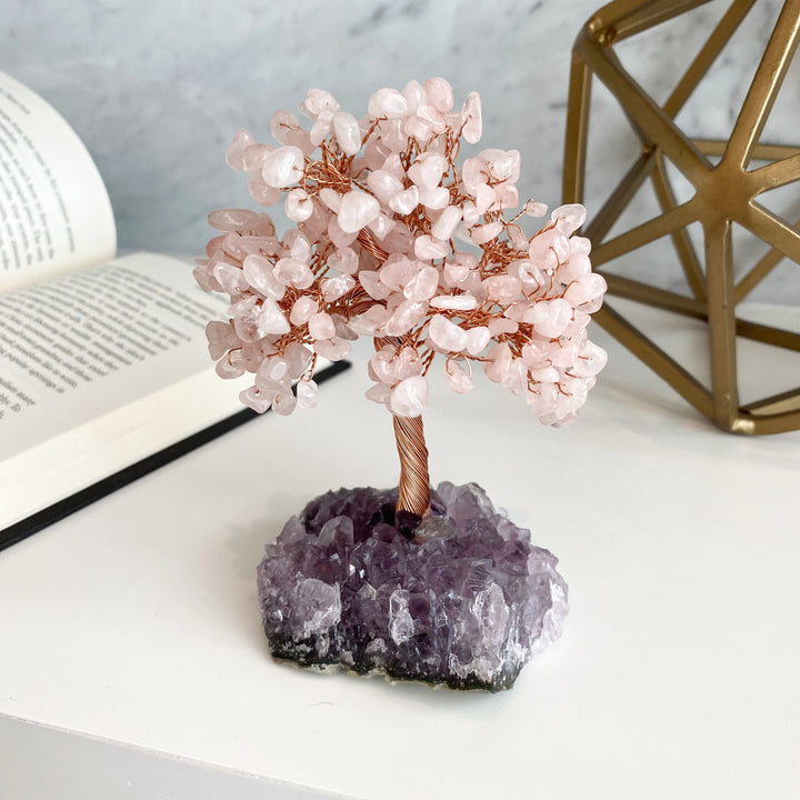 Árbol de la vida de cuarzo rosa con base de amatista de Olivenorma Árbol del Feng Shui