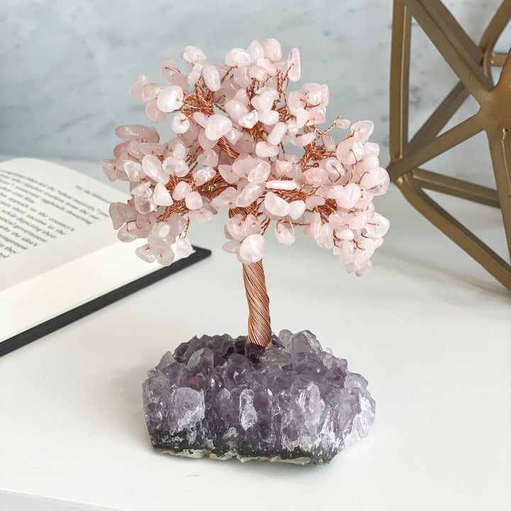 Árbol de la vida de cuarzo rosa con base de amatista de Olivenorma Árbol del Feng Shui