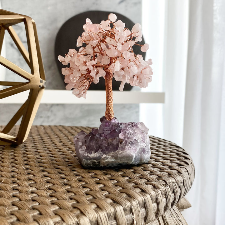 Árbol de la vida de cuarzo rosa con base de amatista de Olivenorma Árbol del Feng Shui