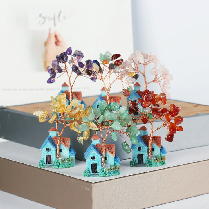 Adornos de grava de cristal con forma de castillo azul en miniatura de Olivenorma para árbol de Feng Shui