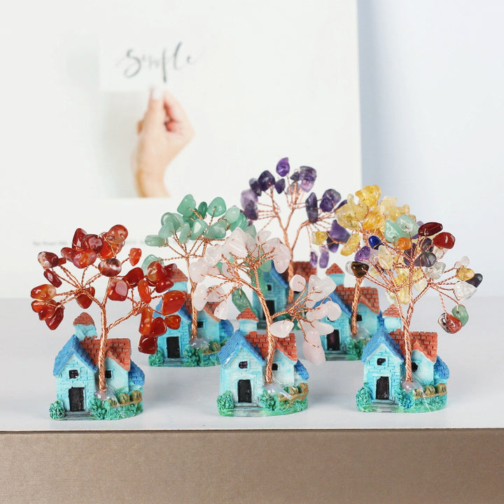 Adornos de grava de cristal con forma de castillo azul en miniatura de Olivenorma para árbol de Feng Shui
