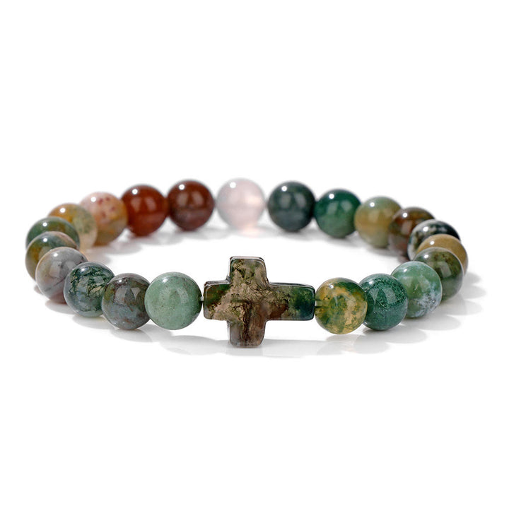Pulsera con colgante de cruz de cuentas de cristal natural de Olivenorma
