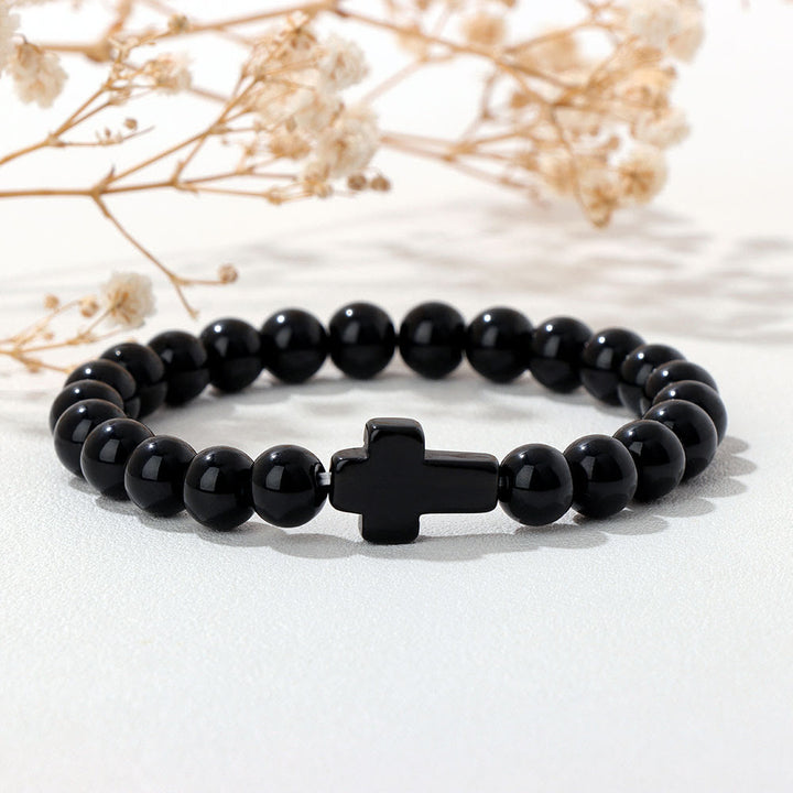 Pulsera con colgante de cruz de cuentas de cristal natural de Olivenorma