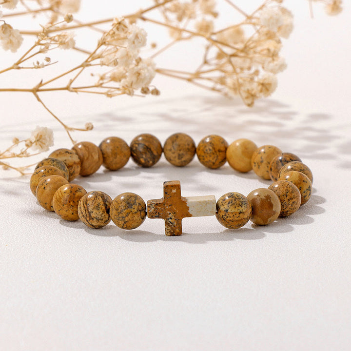 Pulsera con colgante de cruz de cuentas de cristal natural de Olivenorma