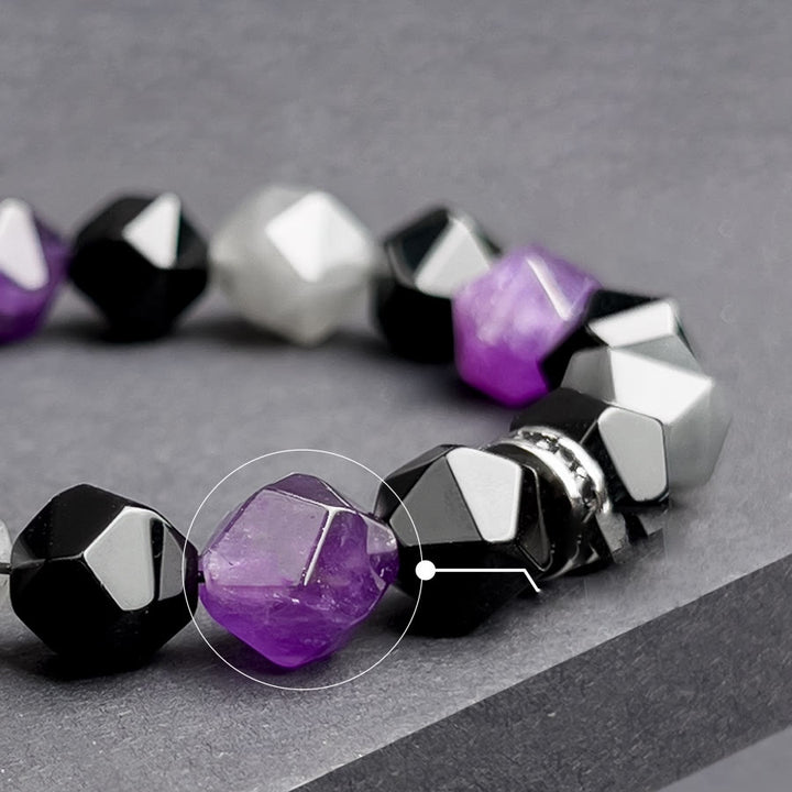 Pulsera de cuentas de cuarzo nube y amatista con facetas geométricas para hombre de Olivenorma