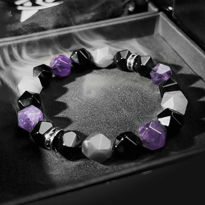 Pulsera de cuentas de cuarzo nube y amatista con facetas geométricas para hombre de Olivenorma