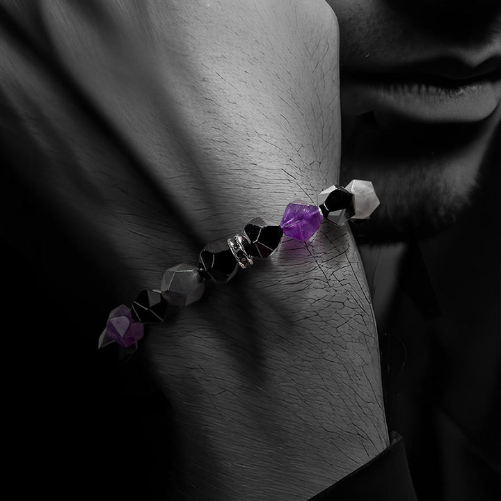 Pulsera de cuentas de cuarzo nube y amatista con facetas geométricas para hombre de Olivenorma