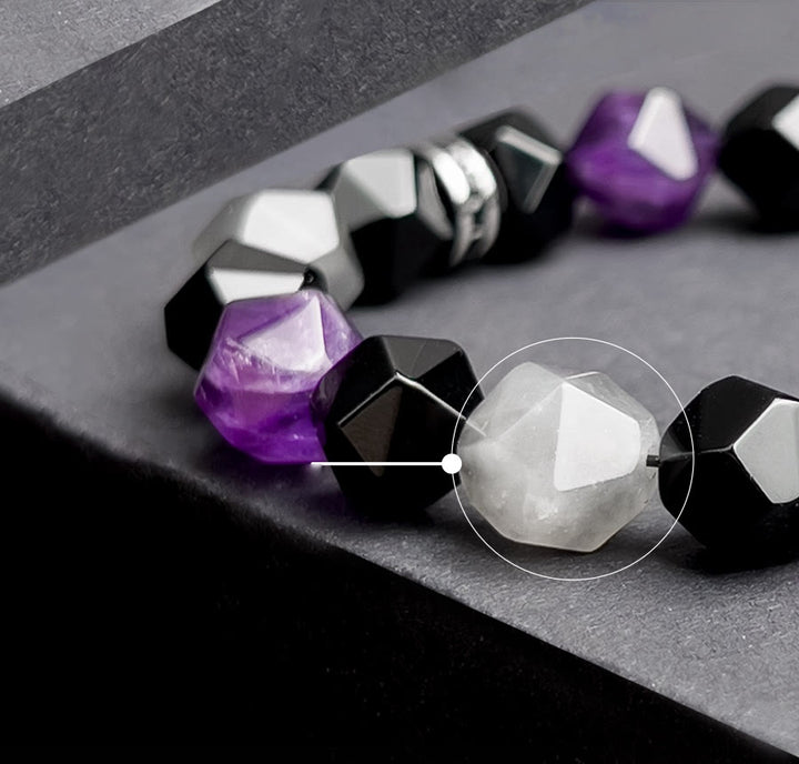 Pulsera de cuentas de cuarzo nube y amatista con facetas geométricas para hombre de Olivenorma