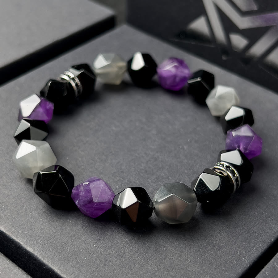 Pulsera de cuentas de cuarzo nube y amatista con facetas geométricas para hombre de Olivenorma