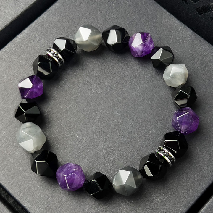 Pulsera de cuentas de cuarzo nube y amatista con facetas geométricas para hombre de Olivenorma