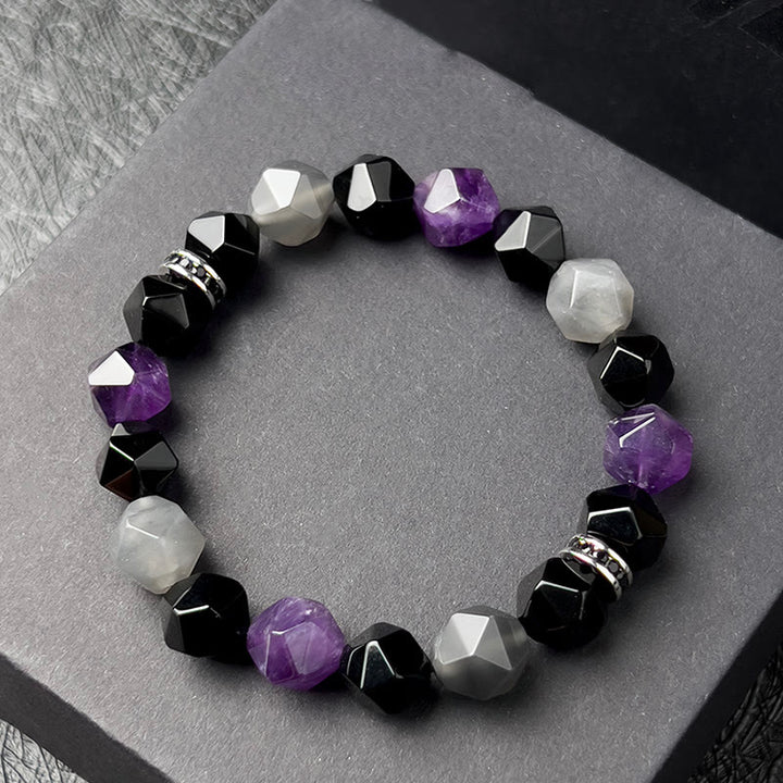 Pulsera de cuentas de cuarzo nube y amatista con facetas geométricas para hombre de Olivenorma