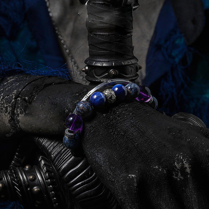 Pulsera de cuentas de pietersita, amatista y lapislázuli para hombre de Olivenorma 