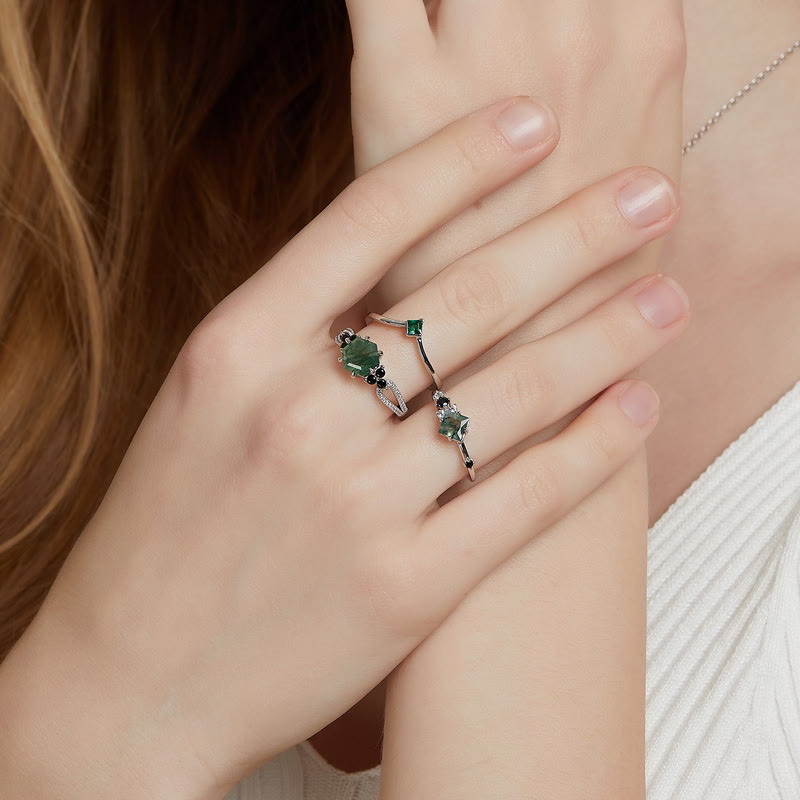 Anillo de plata de ley S925 con ágata musgosa cuadrada de Olivenorma