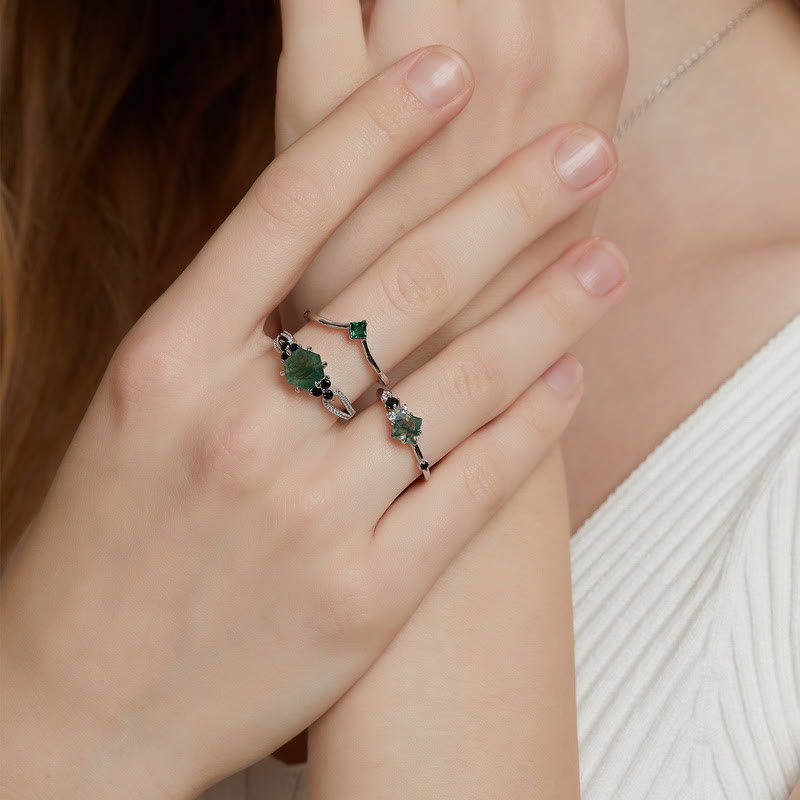 Anillo de plata de ley S925 con ágata musgosa cuadrada de Olivenorma