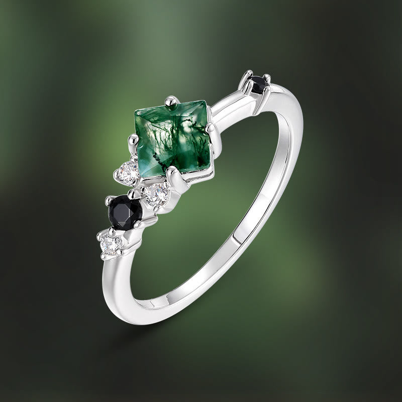 Anillo de plata de ley S925 con ágata musgosa cuadrada de Olivenorma