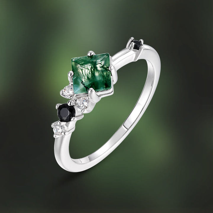 Anillo de plata de ley S925 con ágata musgosa cuadrada de Olivenorma