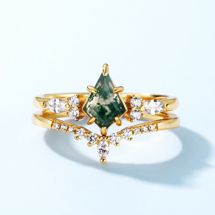 Anillo de cinco puntas con circonita blanca y ágata musgosa de Olivenorma , 2 piezas