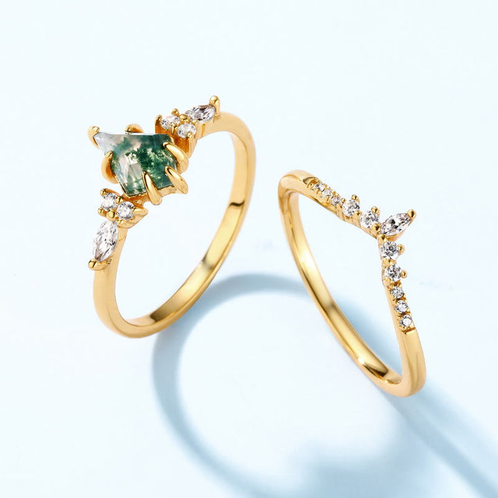 Anillo de cinco puntas con circonita blanca y ágata musgosa de Olivenorma , 2 piezas