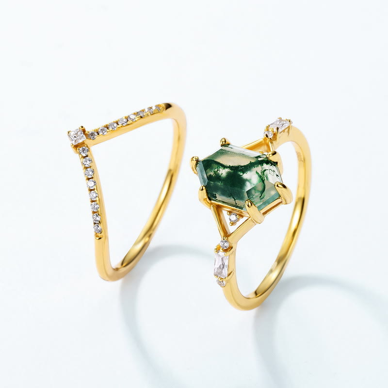 Anillo de plata S925 con ágata musgosa hexagonal de 2 piezas de Olivenorma
