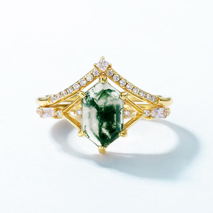 Anillo de plata S925 con ágata musgosa hexagonal de 2 piezas de Olivenorma