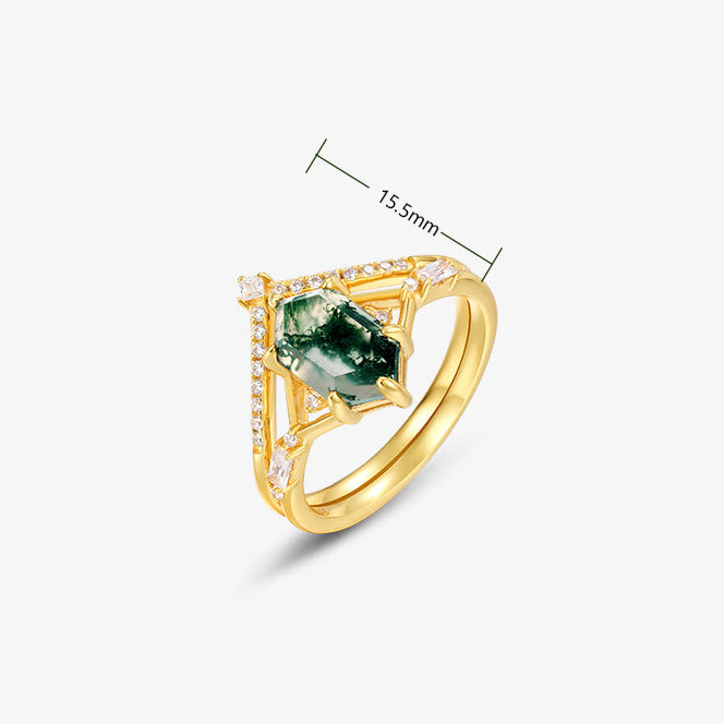Anillo de plata S925 con ágata musgosa hexagonal de 2 piezas de Olivenorma