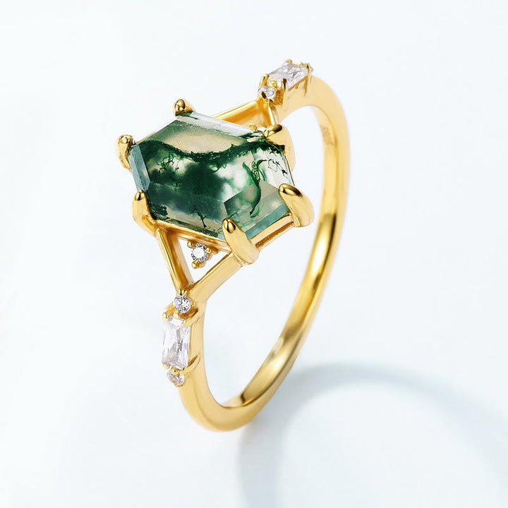 Anillo de plata S925 con ágata musgosa hexagonal de 2 piezas de Olivenorma