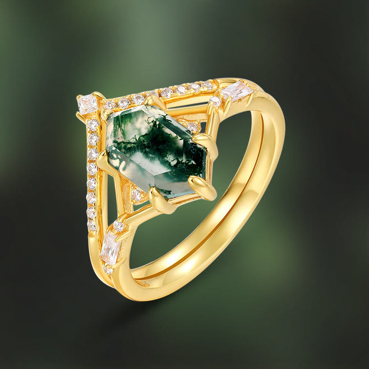 Anillo de plata S925 con ágata musgosa hexagonal de 2 piezas de Olivenorma