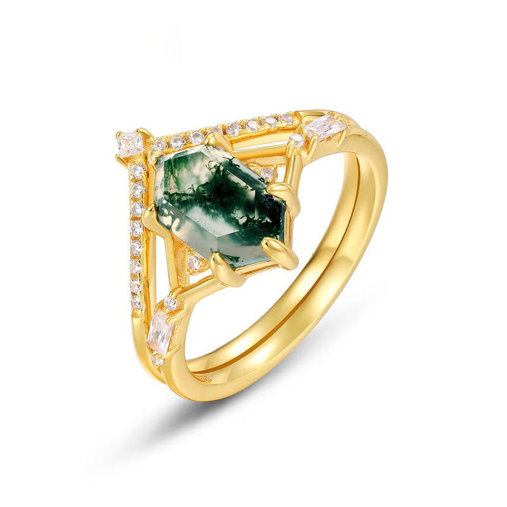 Anillo de plata S925 con ágata musgosa hexagonal de 2 piezas de Olivenorma