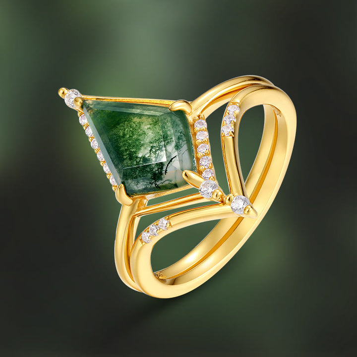 Anillo de plata S925 con ágata musgosa y diamante de Olivenorma , 2 piezas