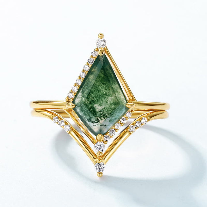 Anillo de plata S925 con ágata musgosa y diamante de Olivenorma , 2 piezas