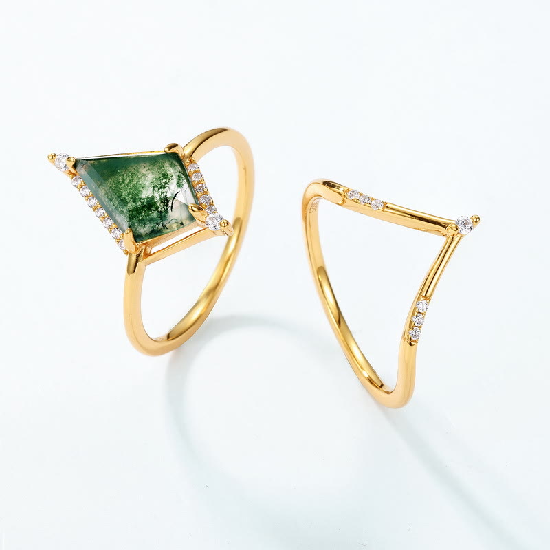 Anillo de plata S925 con ágata musgosa y diamante de Olivenorma , 2 piezas