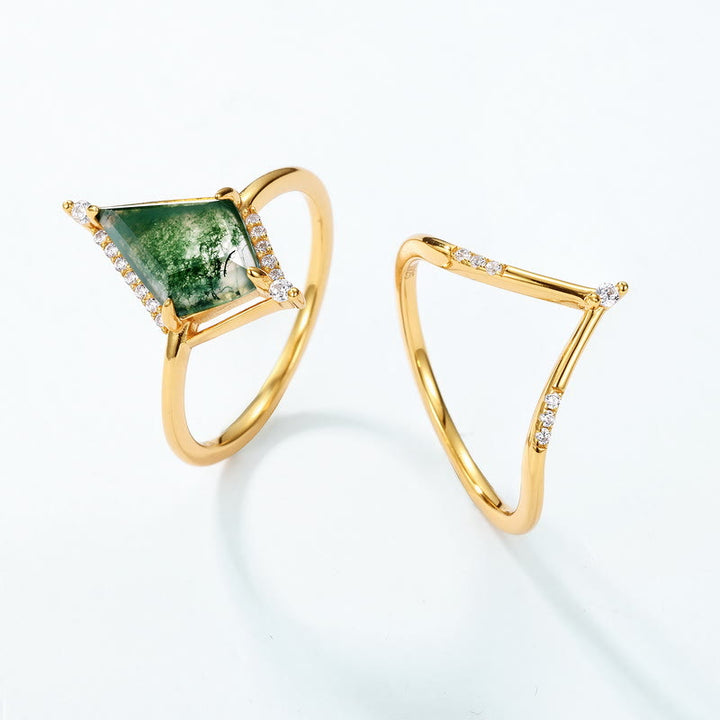 Anillo de plata S925 con ágata musgosa y diamante de Olivenorma , 2 piezas