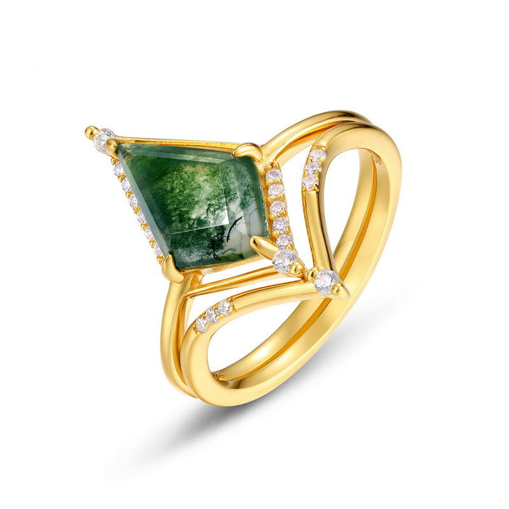 Anillo de plata S925 con ágata musgosa y diamante de Olivenorma , 2 piezas