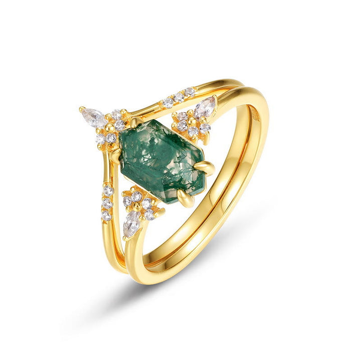 Anillo de plata de ley con ágata musgosa hexagonal de 2 piezas de Olivenorma