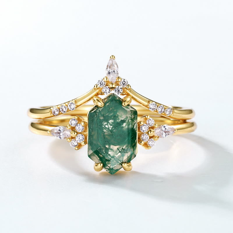 Anillo de plata de ley con ágata musgosa hexagonal de 2 piezas de Olivenorma
