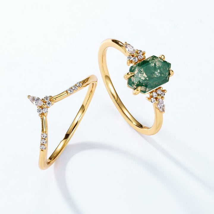 Anillo de plata de ley con ágata musgosa hexagonal de 2 piezas de Olivenorma