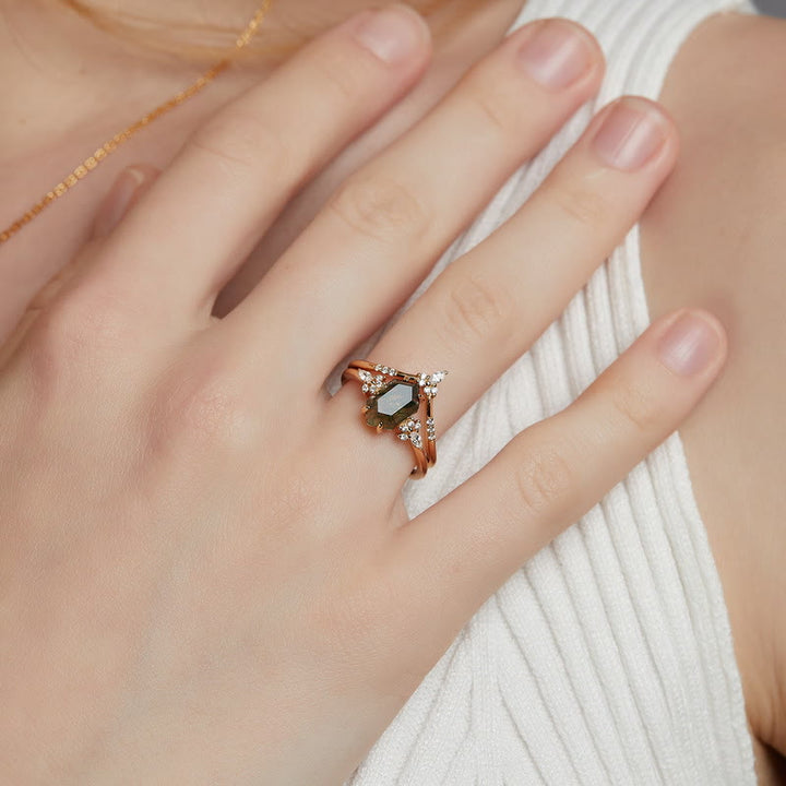 Anillo de plata de ley con ágata musgosa hexagonal de 2 piezas de Olivenorma