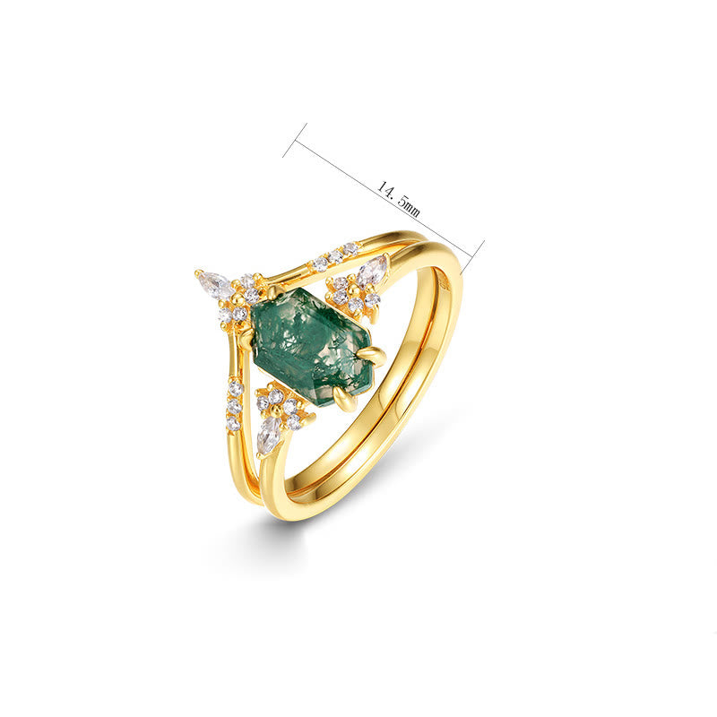 Anillo de plata de ley con ágata musgosa hexagonal de 2 piezas de Olivenorma