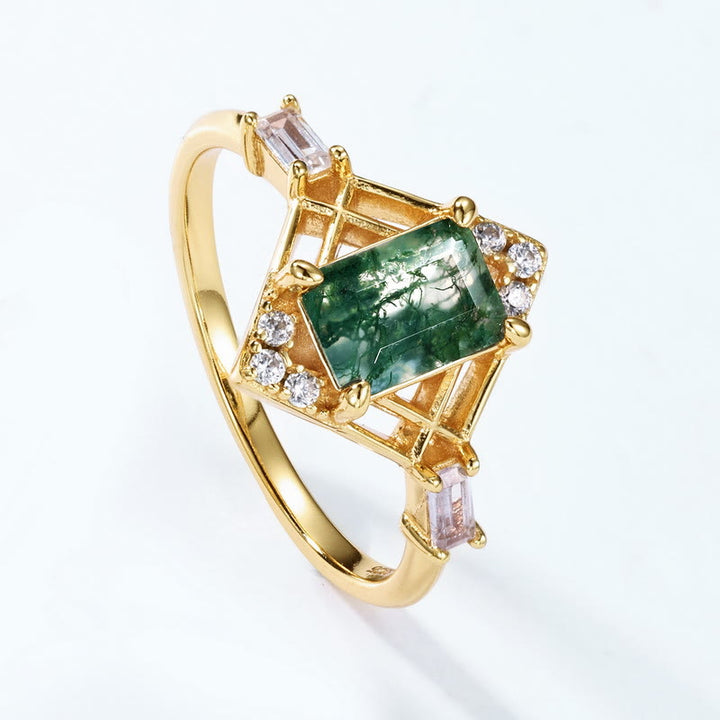 Anillo de diseño hueco de ágata musgosa rectangular de 2 piezas de Olivenorma