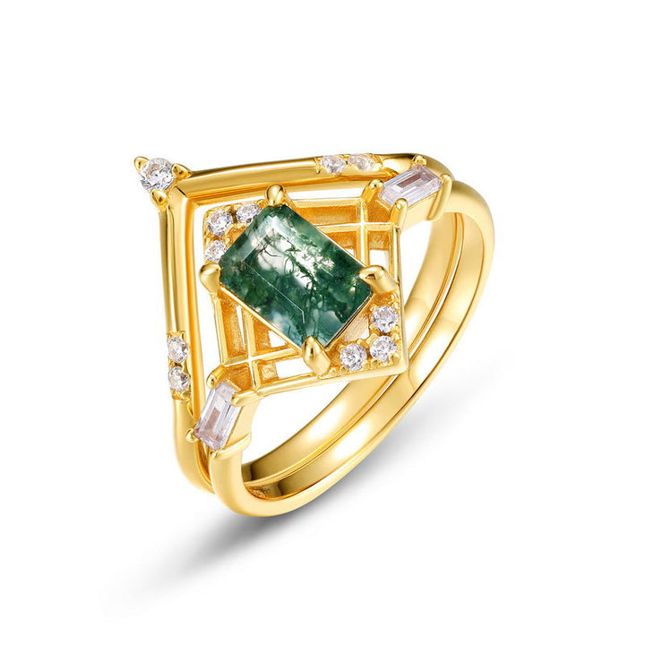 Anillo de diseño hueco de ágata musgosa rectangular de 2 piezas de Olivenorma