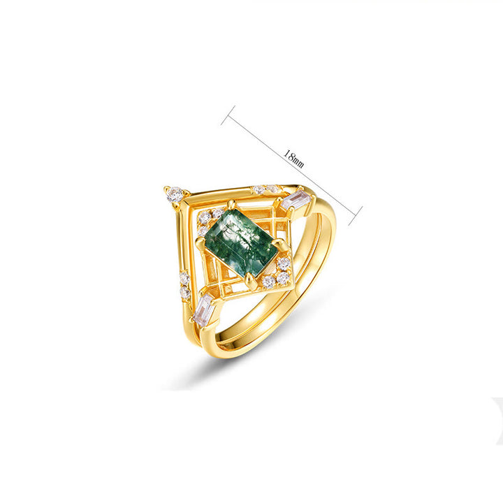 Anillo de diseño hueco de ágata musgosa rectangular de 2 piezas de Olivenorma