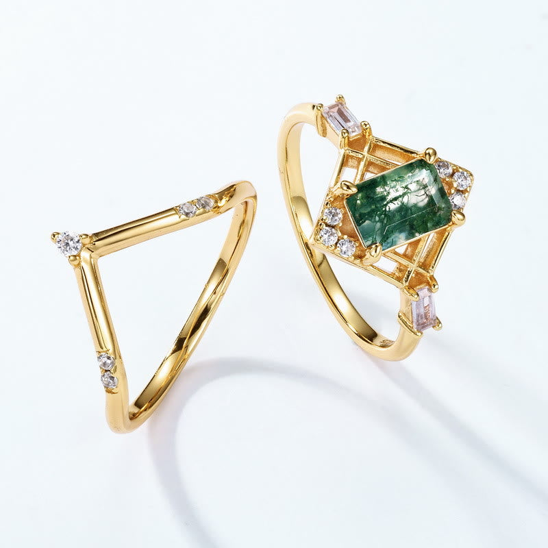 Anillo de diseño hueco de ágata musgosa rectangular de 2 piezas de Olivenorma