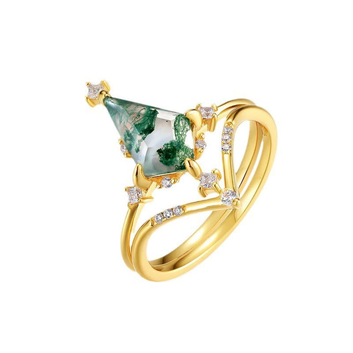 Anillo de diseño de corona de ágata musgosa y diamante de 2 piezas de Olivenorma