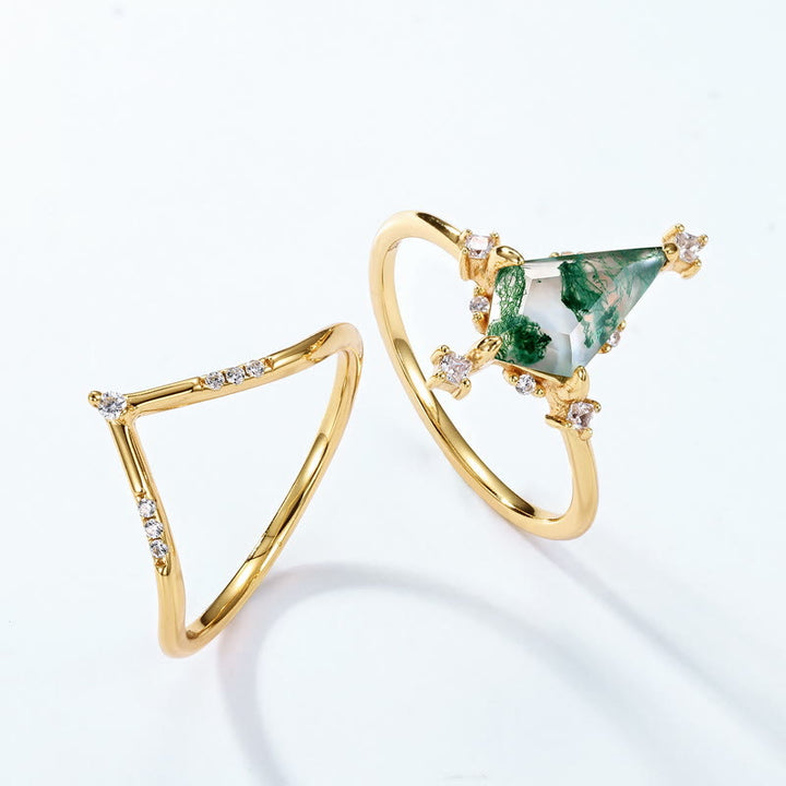 Anillo de diseño de corona de ágata musgosa y diamante de 2 piezas de Olivenorma