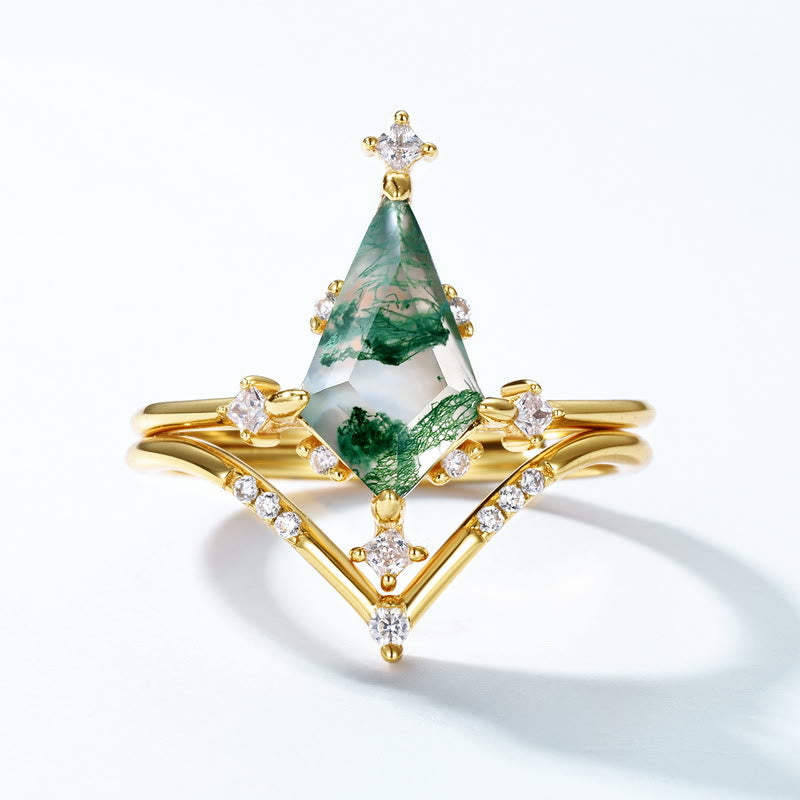 Anillo de diseño de corona de ágata musgosa y diamante de 2 piezas de Olivenorma